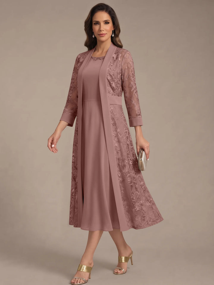 Robe Mère de la Mariée, Forme A/Princesse, Col Rond, Mousseline, avec Veste en Dentelle, Manches 3/4, Longueur du Thé