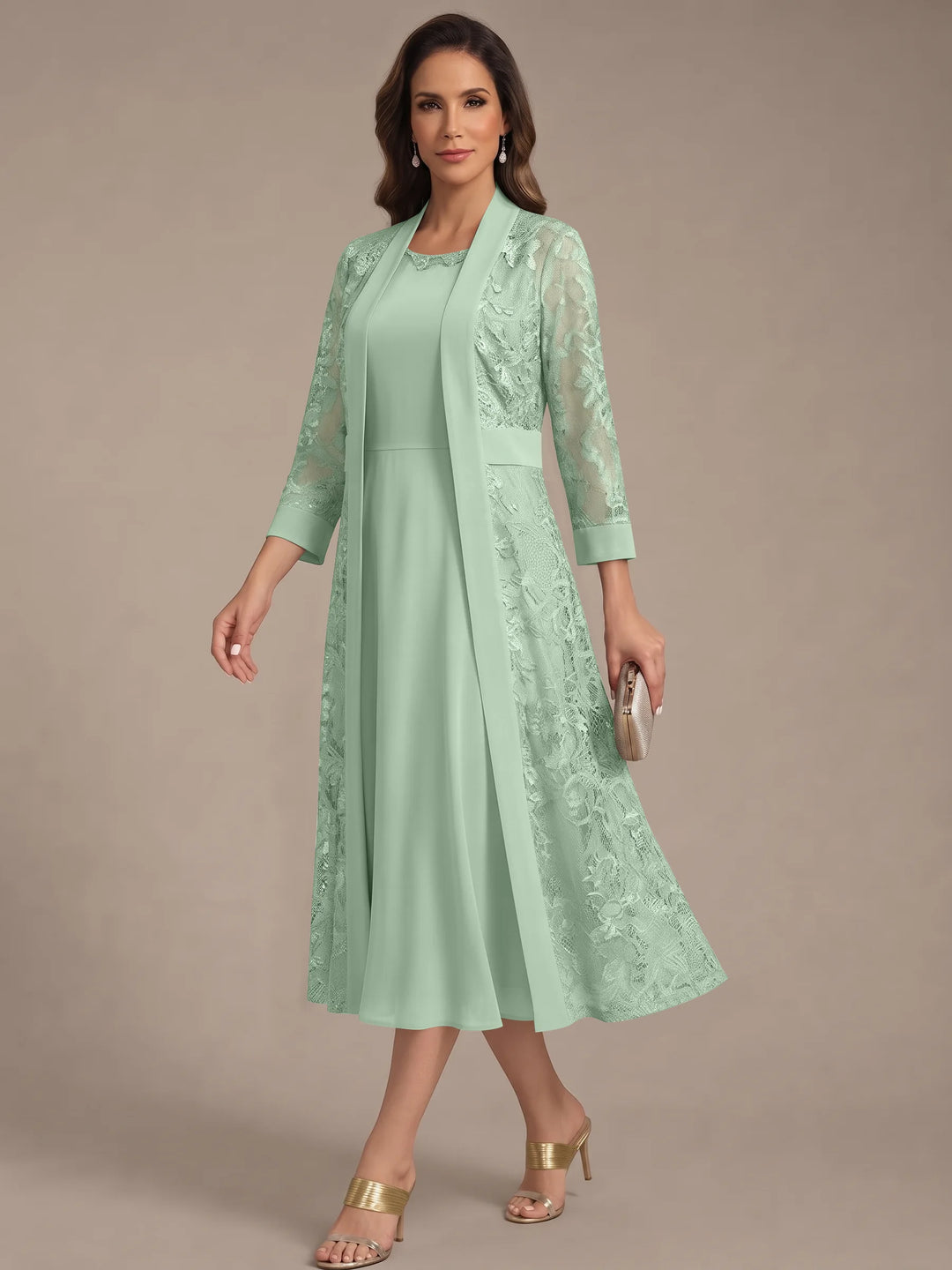 Robe Mère de la Mariée, Forme A/Princesse, Col Rond, Mousseline, avec Veste en Dentelle, Manches 3/4, Longueur du Thé