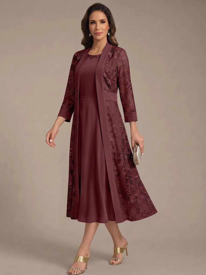Robe Mère de la Mariée, Forme A/Princesse, Col Rond, Mousseline, avec Veste en Dentelle, Manches 3/4, Longueur du Thé