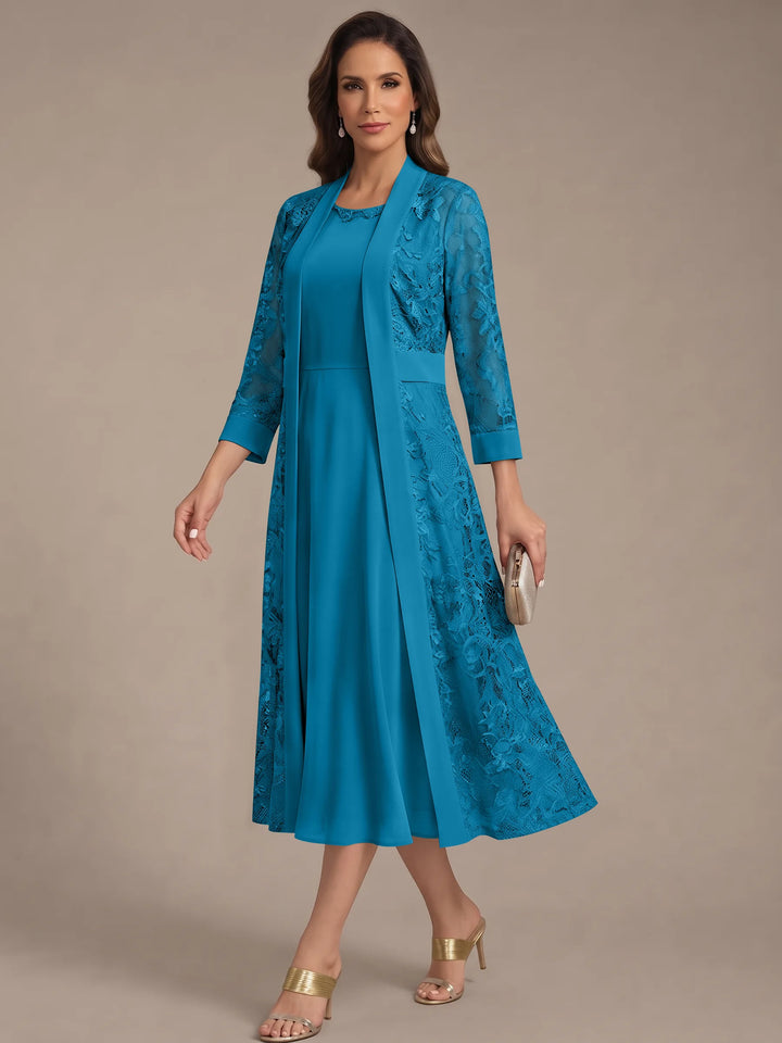 Robe Mère de la Mariée, Forme A/Princesse, Col Rond, Mousseline, avec Veste en Dentelle, Manches 3/4, Longueur du Thé