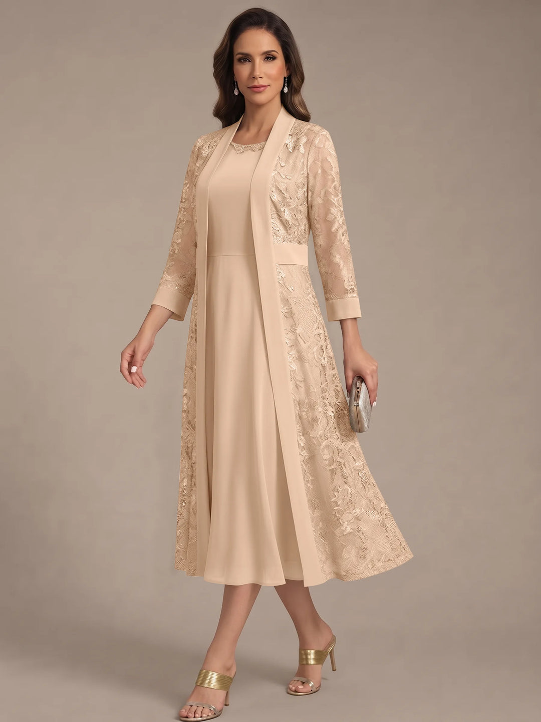 Robe Mère de la Mariée, Forme A/Princesse, Col Rond, Mousseline, avec Veste en Dentelle, Manches 3/4, Longueur du Thé