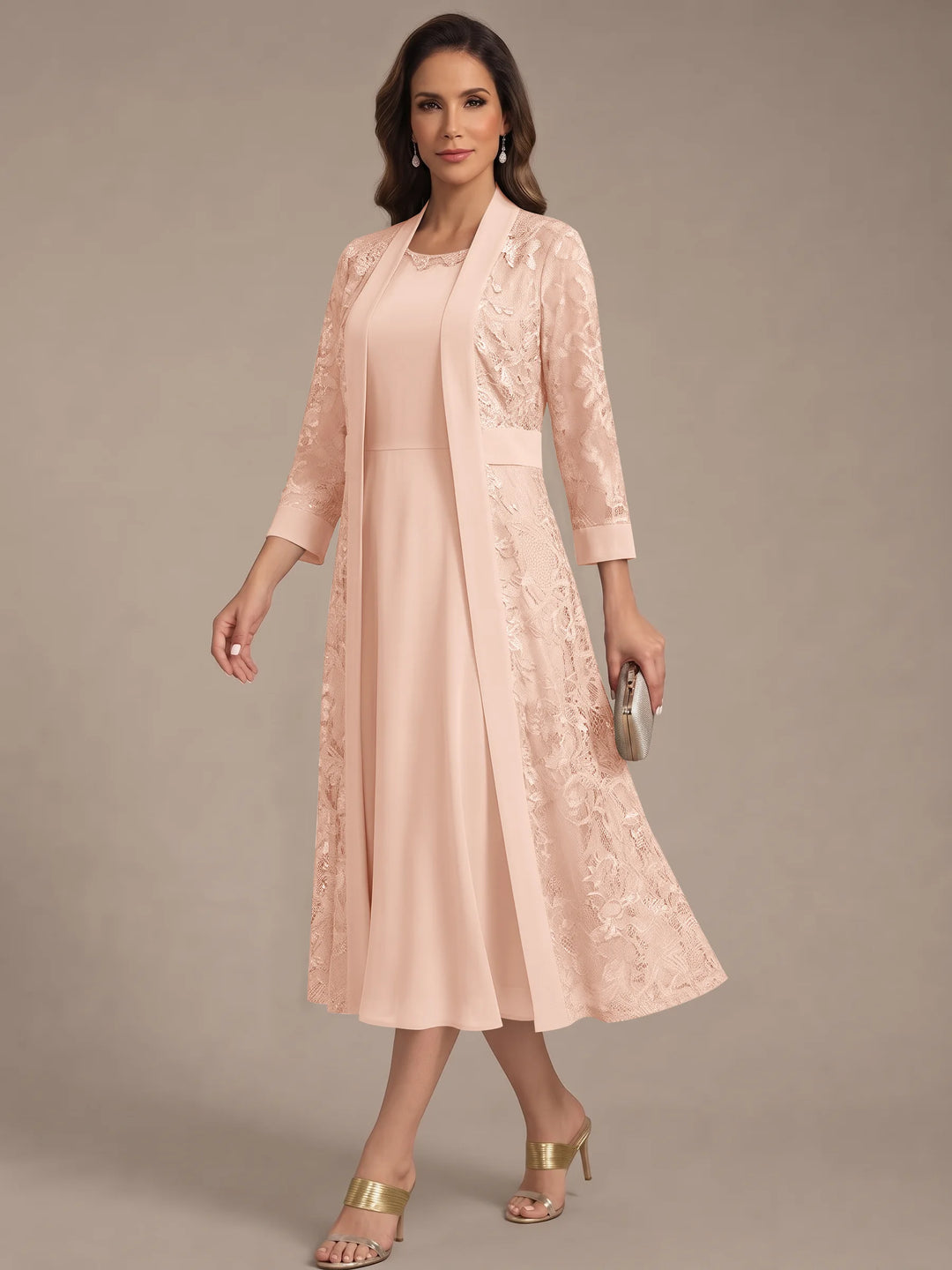 Robe Mère de la Mariée, Forme A/Princesse, Col Rond, Mousseline, avec Veste en Dentelle, Manches 3/4, Longueur du Thé