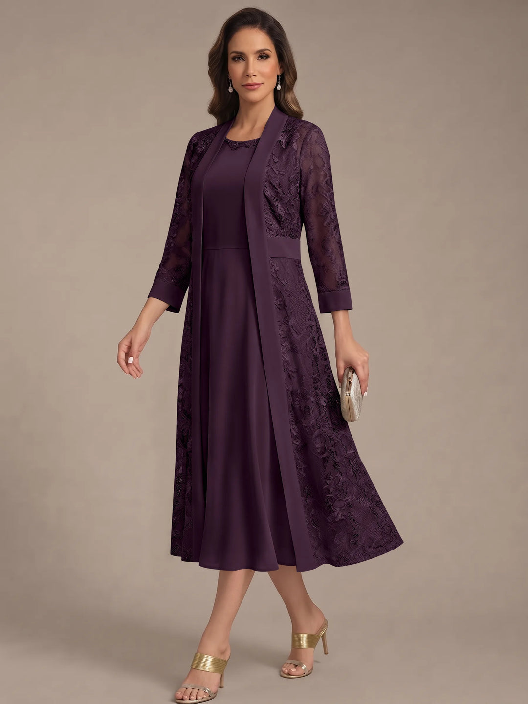 Robe Mère de la Mariée, Forme A/Princesse, Col Rond, Mousseline, avec Veste en Dentelle, Manches 3/4, Longueur du Thé