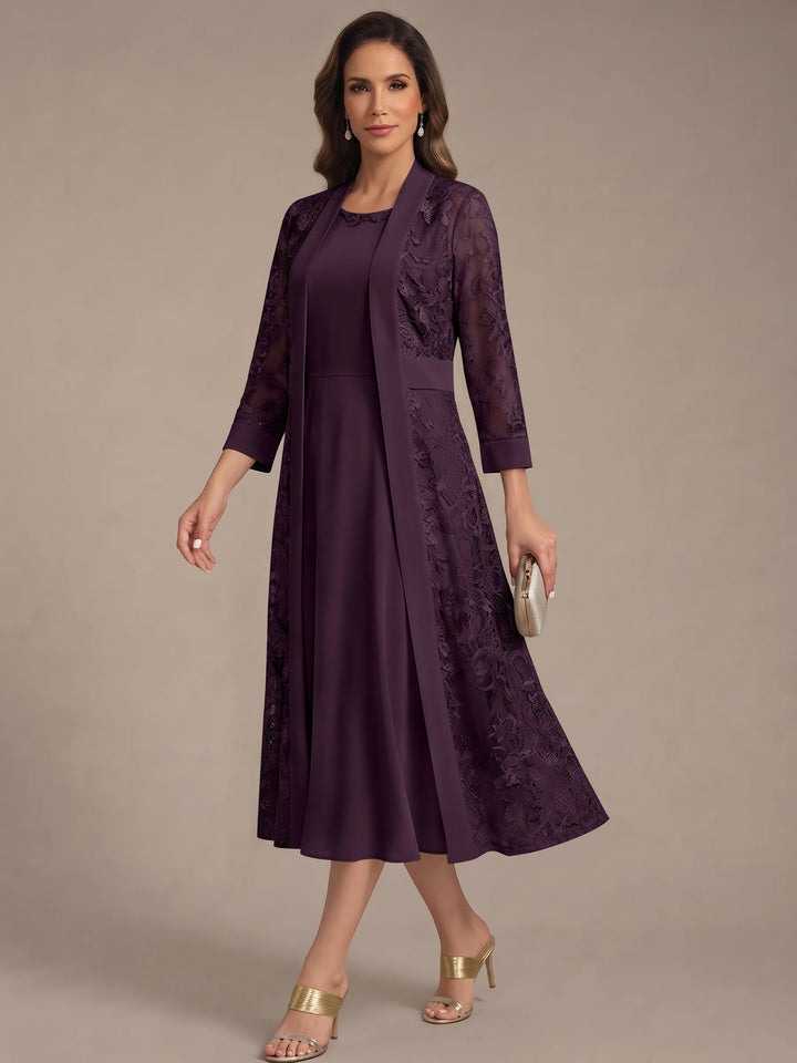 Robe Mère de la Mariée, Forme A/Princesse, Col Rond, Mousseline, avec Veste en Dentelle, Manches 3/4, Longueur du Thé