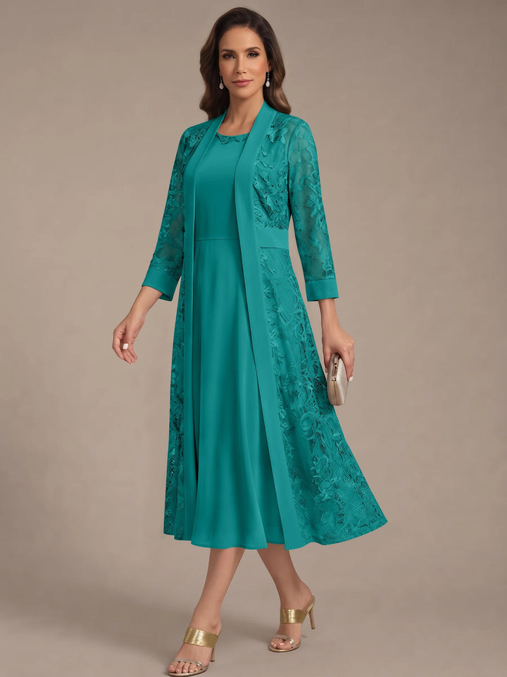 Robe Mère de la Mariée, Forme A/Princesse, Col Rond, Mousseline, avec Veste en Dentelle, Manches 3/4, Longueur du Thé