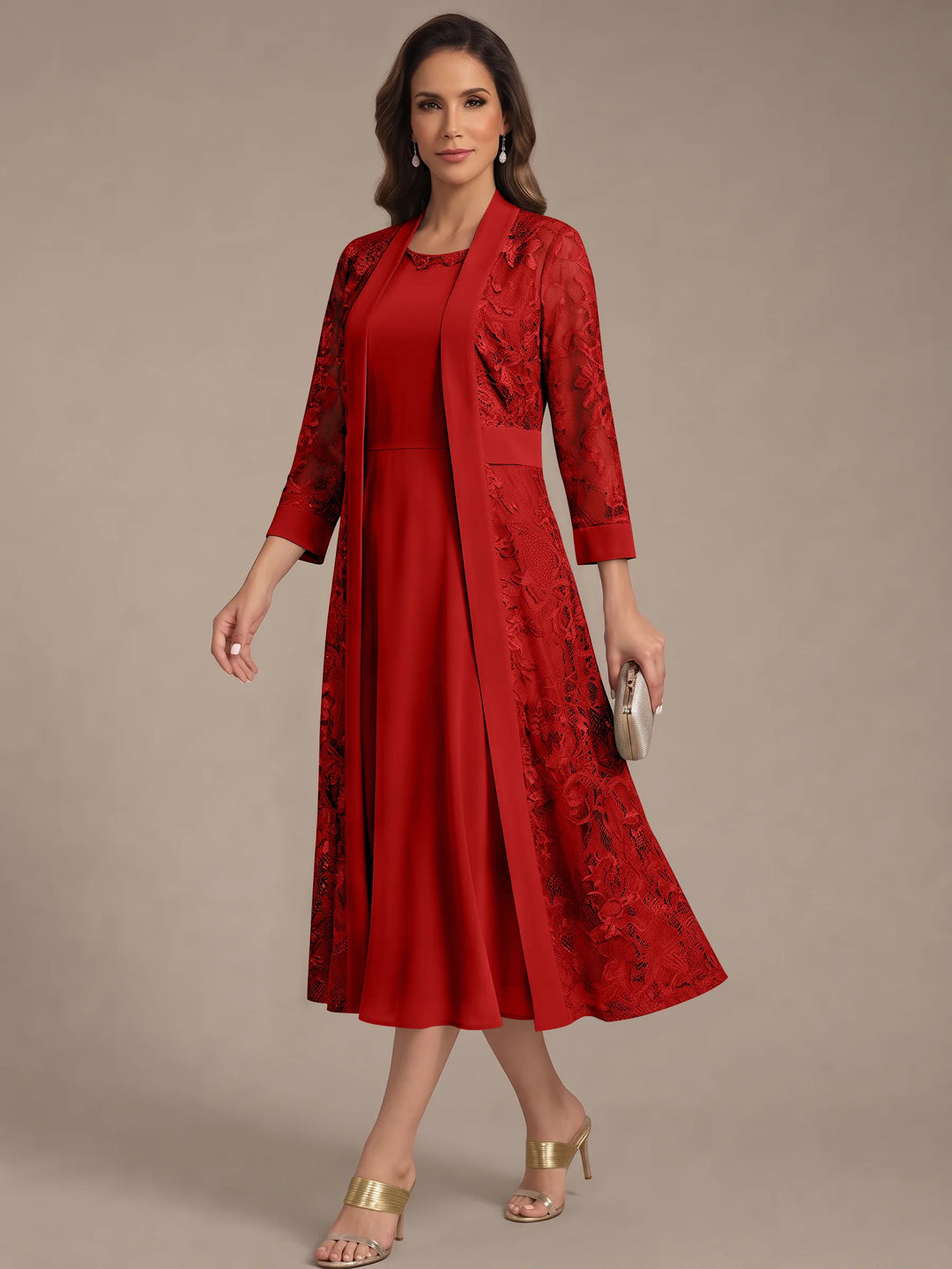 Robe Mère de la Mariée, Forme A/Princesse, Col Rond, Mousseline, avec Veste en Dentelle, Manches 3/4, Longueur du Thé