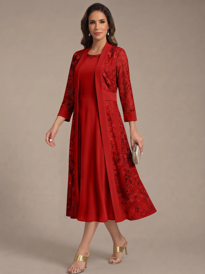 Robe Mère de la Mariée, Forme A/Princesse, Col Rond, Mousseline, avec Veste en Dentelle, Manches 3/4, Longueur du Thé