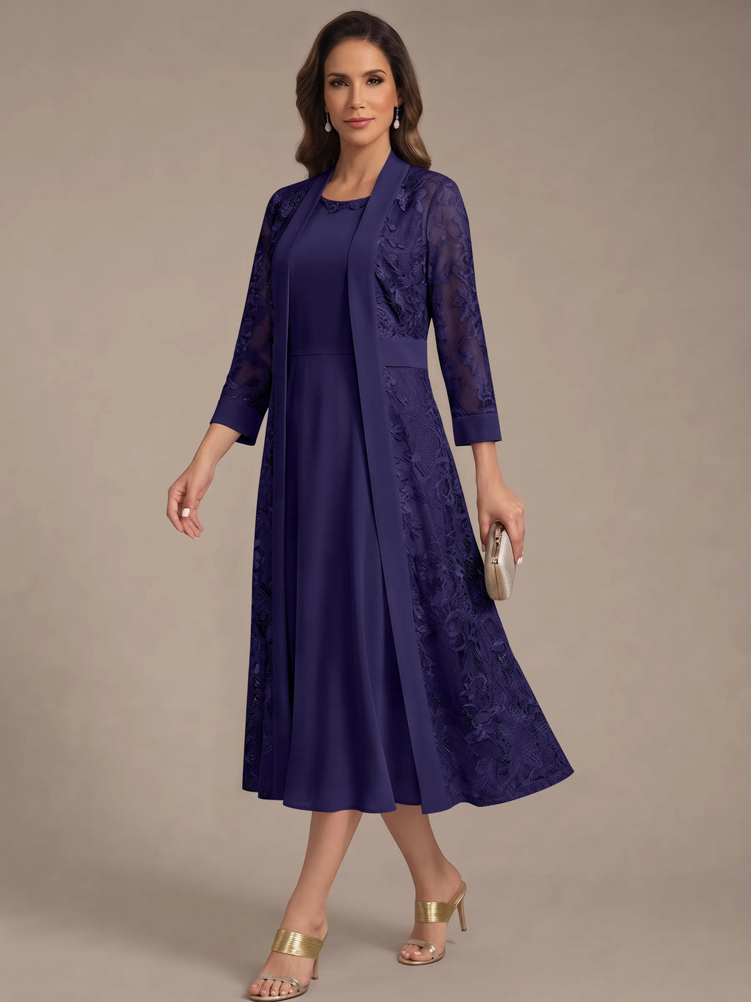 Robe Mère de la Mariée, Forme A/Princesse, Col Rond, Mousseline, avec Veste en Dentelle, Manches 3/4, Longueur du Thé