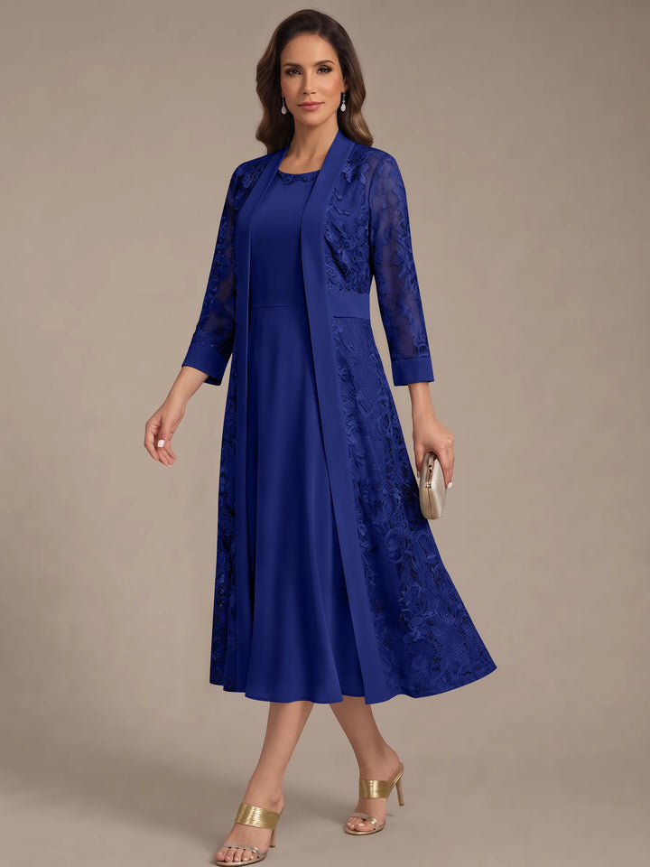 Robe Mère de la Mariée, Forme A/Princesse, Col Rond, Mousseline, avec Veste en Dentelle, Manches 3/4, Longueur du Thé