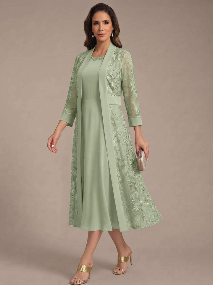 Robe Mère de la Mariée, Forme A/Princesse, Col Rond, Mousseline, avec Veste en Dentelle, Manches 3/4, Longueur du Thé