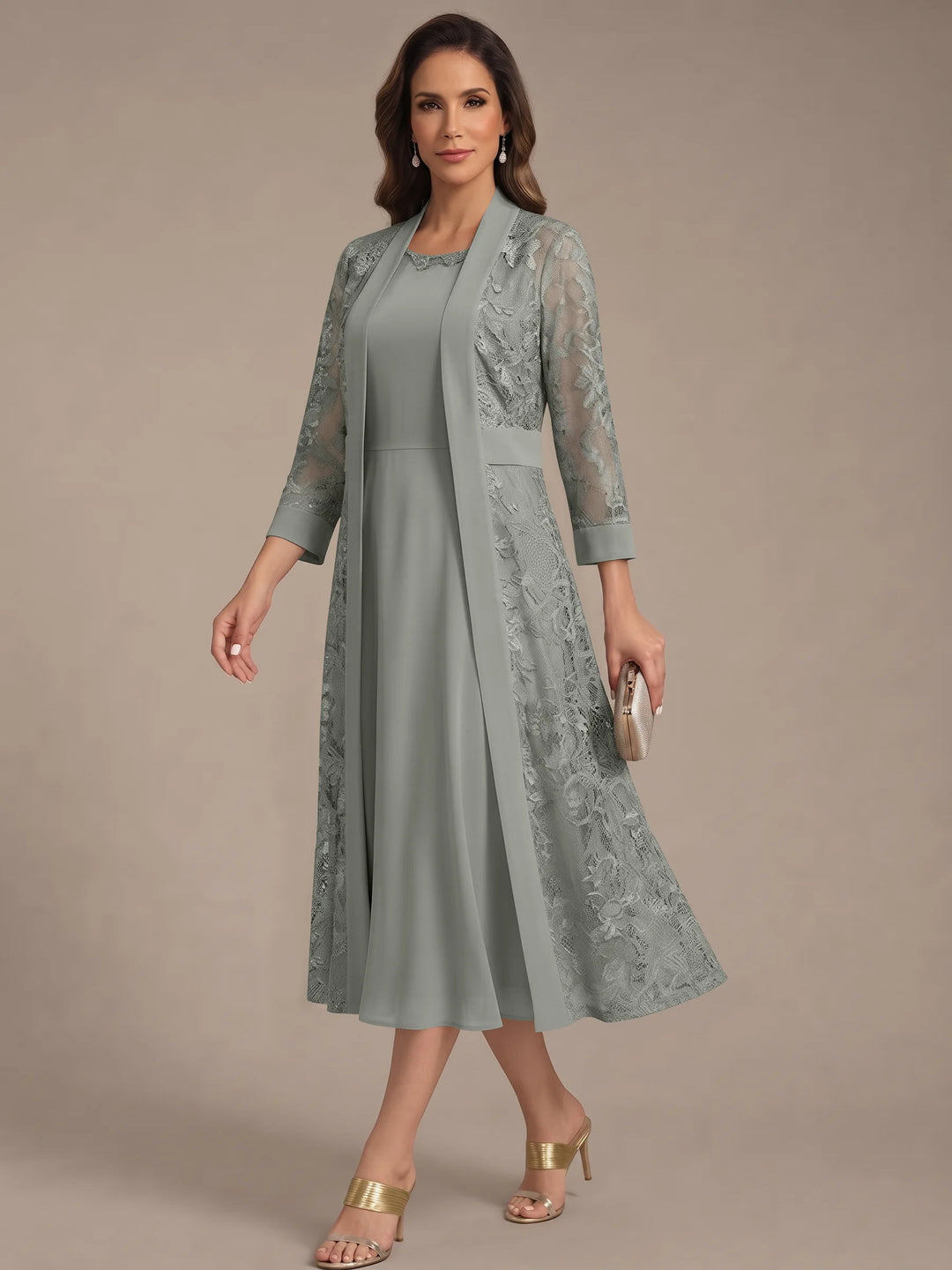 Robe Mère de la Mariée, Forme A/Princesse, Col Rond, Mousseline, avec Veste en Dentelle, Manches 3/4, Longueur du Thé