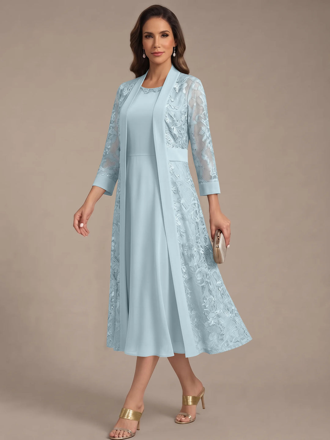 Robe Mère de la Mariée, Forme A/Princesse, Col Rond, Mousseline, avec Veste en Dentelle, Manches 3/4, Longueur du Thé