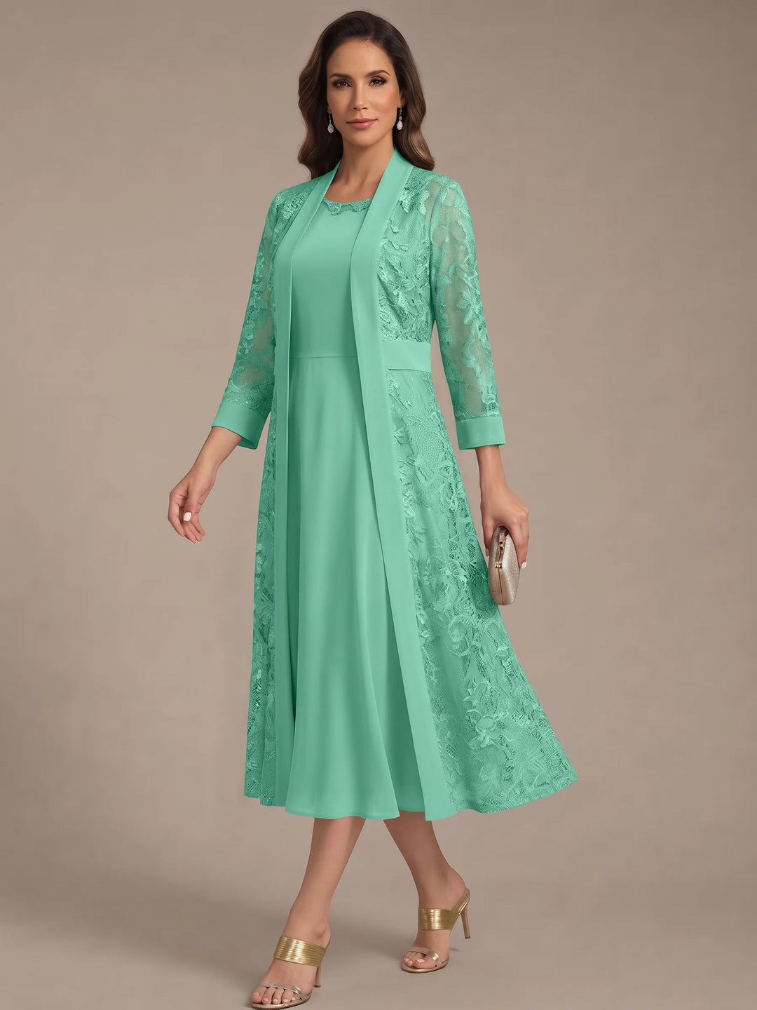 Robe Mère de la Mariée, Forme A/Princesse, Col Rond, Mousseline, avec Veste en Dentelle, Manches 3/4, Longueur du Thé