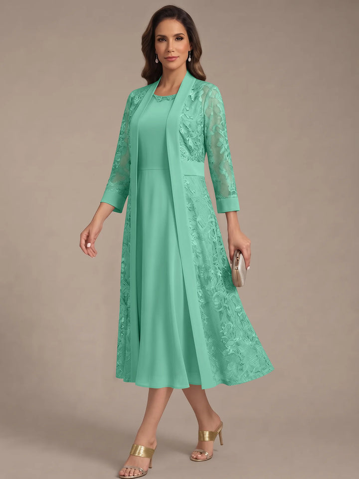 Robe Mère de la Mariée, Forme A/Princesse, Col Rond, Mousseline, avec Veste en Dentelle, Manches 3/4, Longueur du Thé