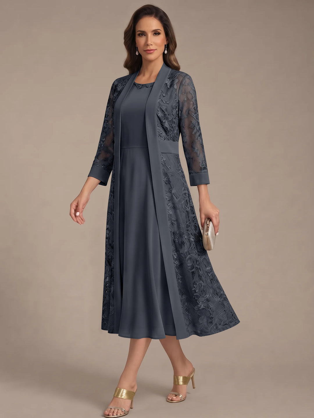 Robe Mère de la Mariée, Forme A/Princesse, Col Rond, Mousseline, avec Veste en Dentelle, Manches 3/4, Longueur du Thé