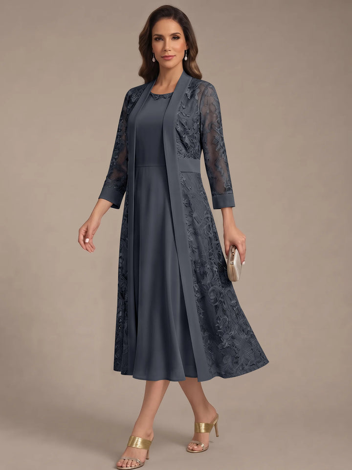 Robe Mère de la Mariée, Forme A/Princesse, Col Rond, Mousseline, avec Veste en Dentelle, Manches 3/4, Longueur du Thé