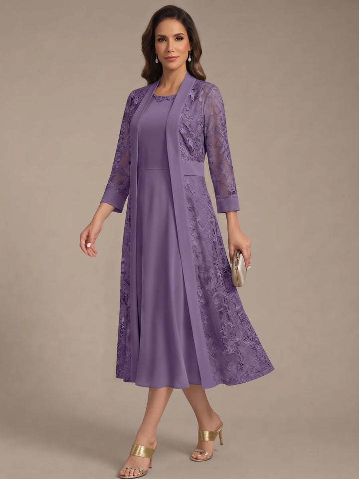 Robe Mère de la Mariée, Forme A/Princesse, Col Rond, Mousseline, avec Veste en Dentelle, Manches 3/4, Longueur du Thé
