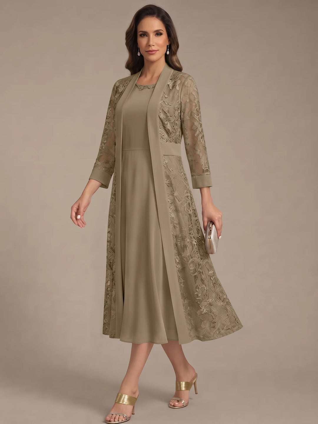 Robe Mère de la Mariée, Forme A/Princesse, Col Rond, Mousseline, avec Veste en Dentelle, Manches 3/4, Longueur du Thé