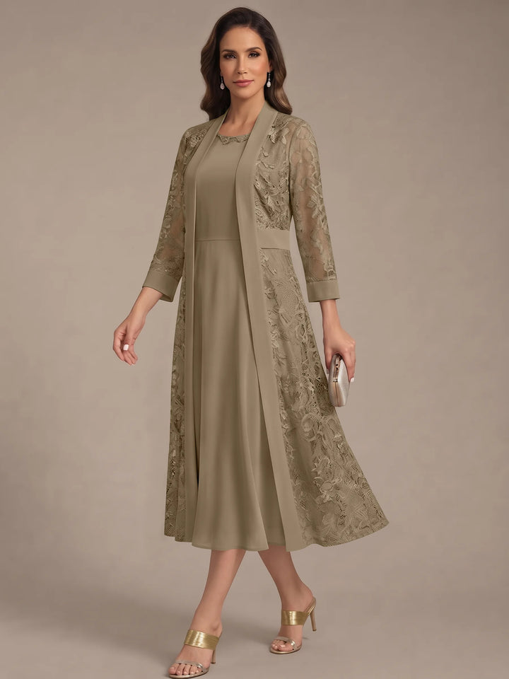 Robe Mère de la Mariée, Forme A/Princesse, Col Rond, Mousseline, avec Veste en Dentelle, Manches 3/4, Longueur du Thé
