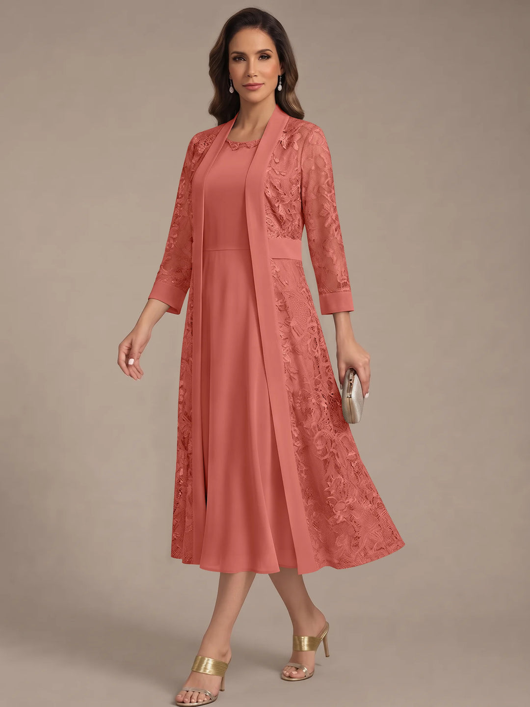 Robe Mère de la Mariée, Forme A/Princesse, Col Rond, Mousseline, avec Veste en Dentelle, Manches 3/4, Longueur du Thé