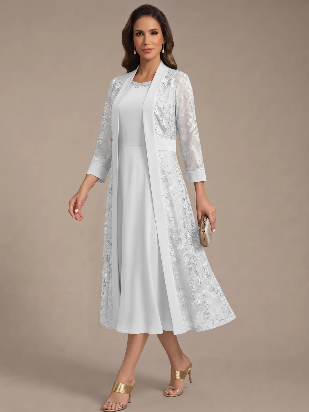 Robe Mère de la Mariée, Forme A/Princesse, Col Rond, Mousseline, avec Veste en Dentelle, Manches 3/4, Longueur du Thé