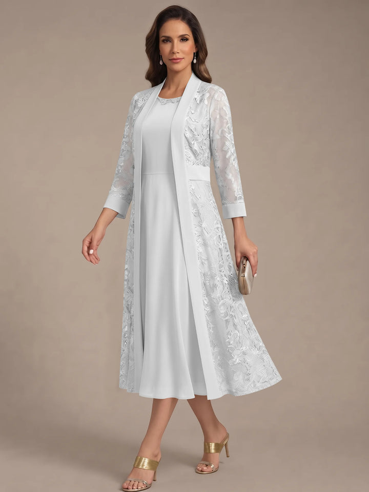 Robe Mère de la Mariée, Forme A/Princesse, Col Rond, Mousseline, avec Veste en Dentelle, Manches 3/4, Longueur du Thé