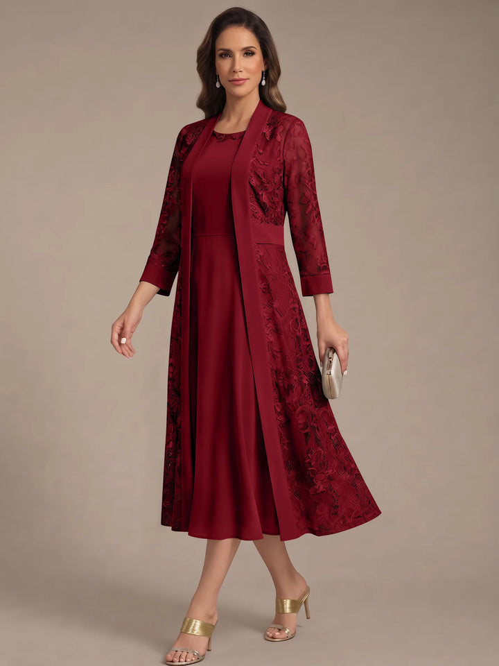 Robe Mère de la Mariée, Forme A/Princesse, Col Rond, Mousseline, avec Veste en Dentelle, Manches 3/4, Longueur du Thé