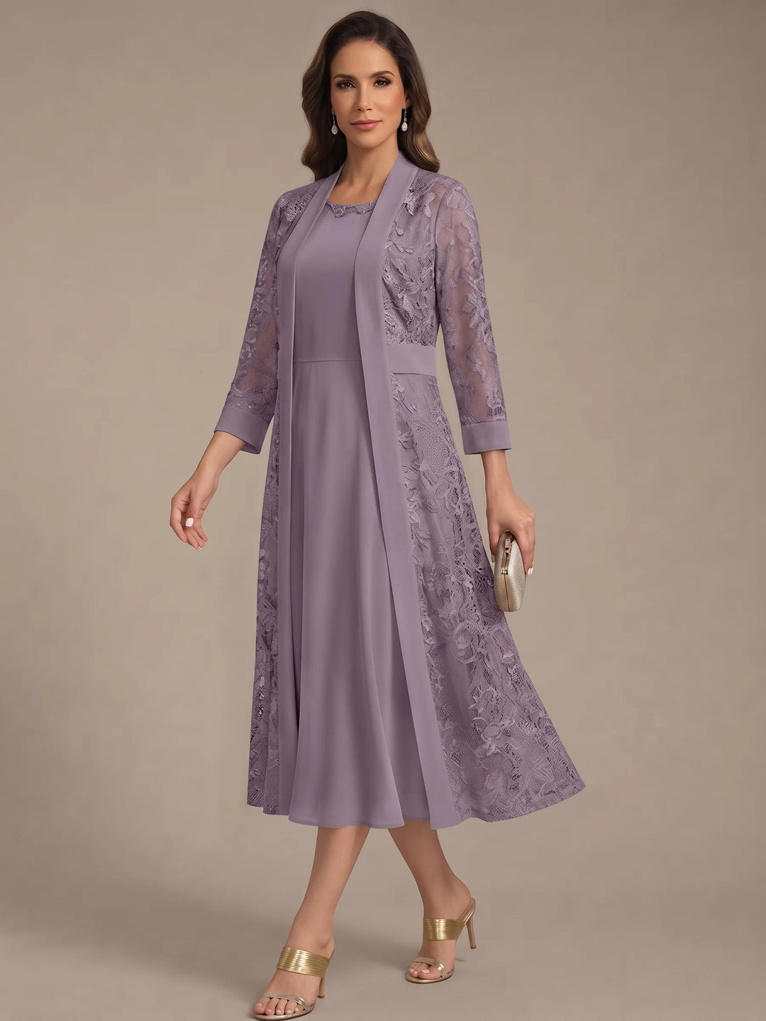 Robe Mère de la Mariée, Forme A/Princesse, Col Rond, Mousseline, avec Veste en Dentelle, Manches 3/4, Longueur du Thé