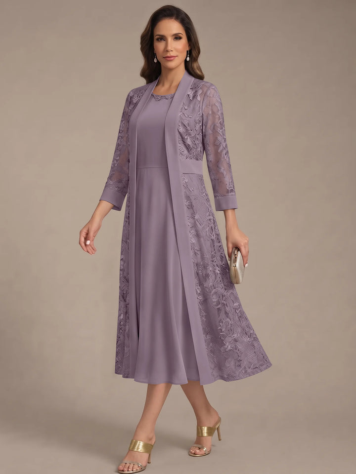 Robe Mère de la Mariée, Forme A/Princesse, Col Rond, Mousseline, avec Veste en Dentelle, Manches 3/4, Longueur du Thé