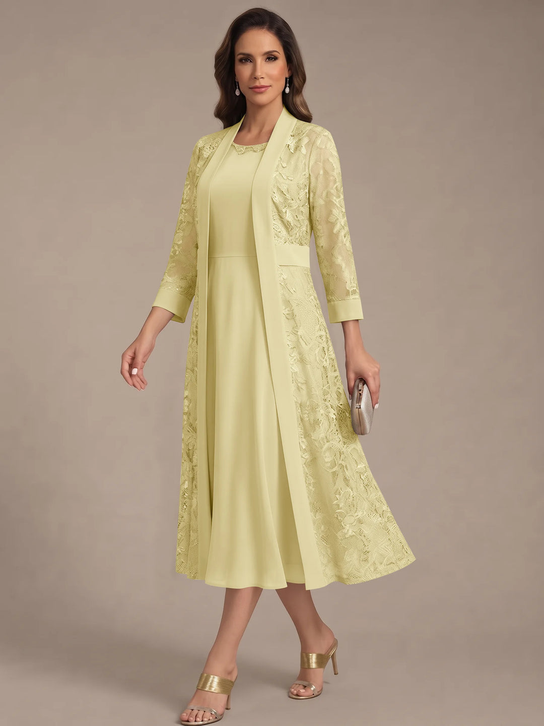 Robe Mère de la Mariée, Forme A/Princesse, Col Rond, Mousseline, avec Veste en Dentelle, Manches 3/4, Longueur du Thé