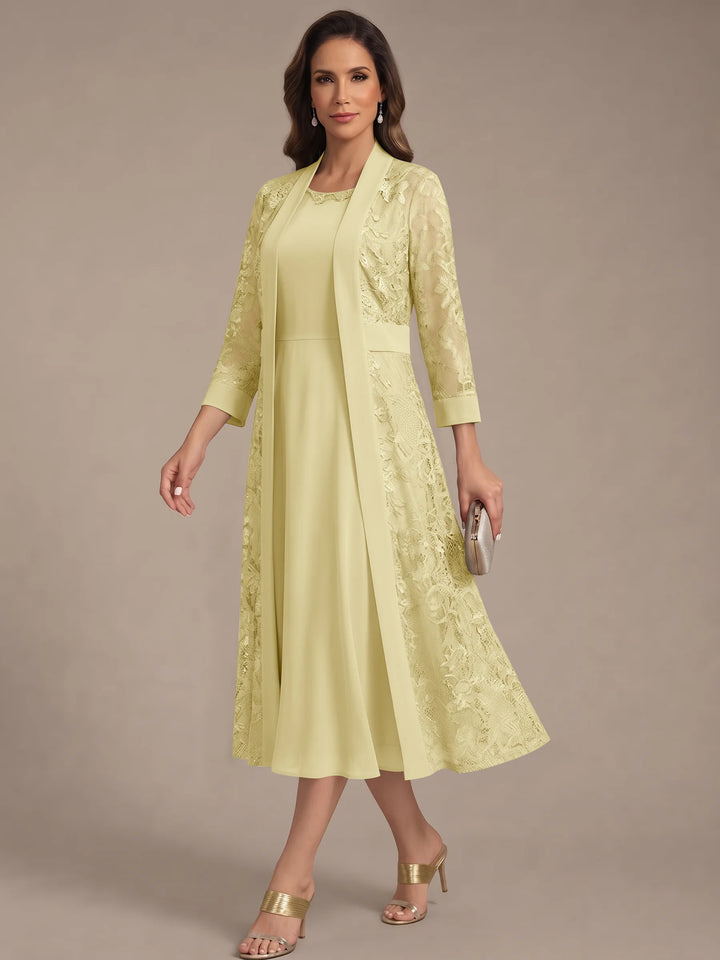 Robe Mère de la Mariée, Forme A/Princesse, Col Rond, Mousseline, avec Veste en Dentelle, Manches 3/4, Longueur du Thé