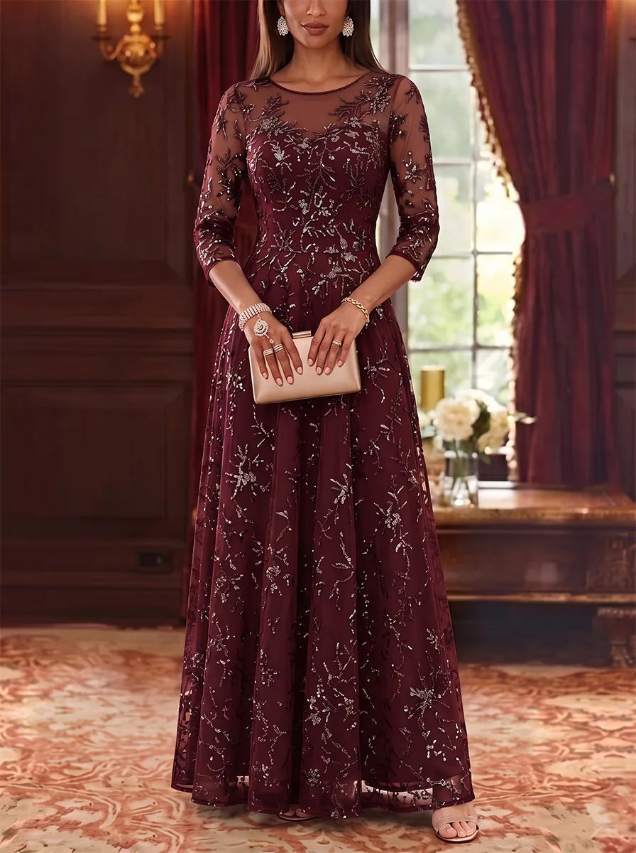 Robe Mère de la Mariée, Forme A-Ligne/Princesse, Col Rond, Dentelle, Paillettes, Manches 3/4, Longueur au Sol