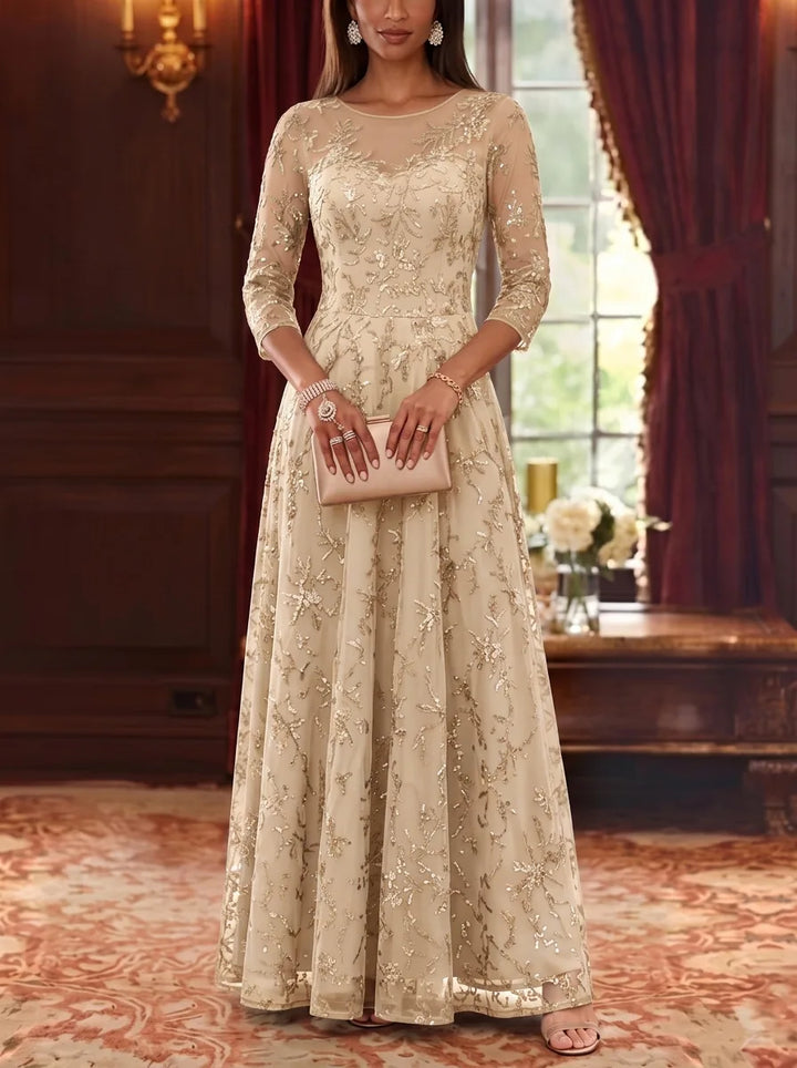 Robe Mère de la Mariée, Forme A-Ligne/Princesse, Col Rond, Dentelle, Paillettes, Manches 3/4, Longueur au Sol