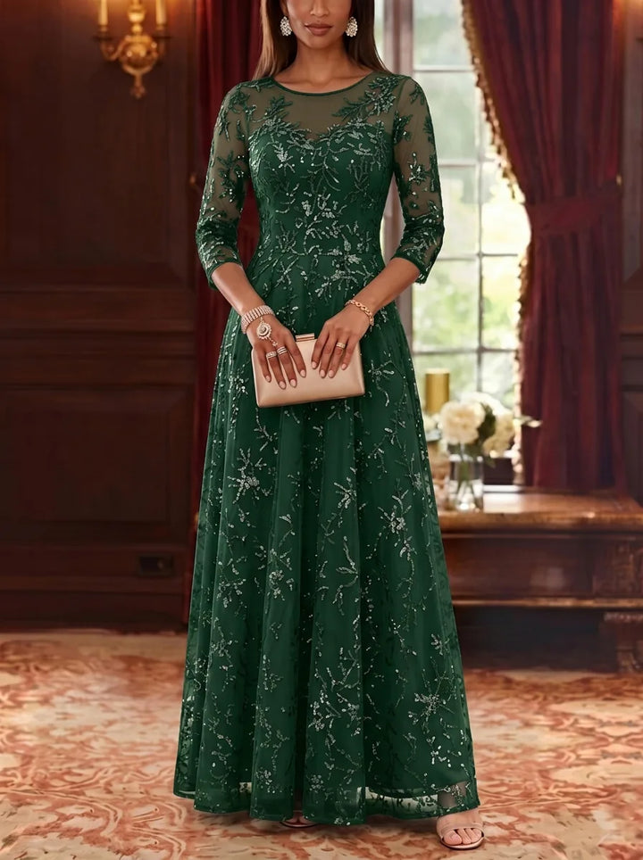 Robe Mère de la Mariée, Forme A-Ligne/Princesse, Col Rond, Dentelle, Paillettes, Manches 3/4, Longueur au Sol