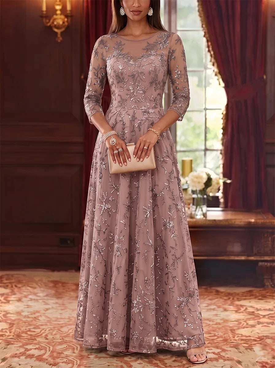 Robe Mère de la Mariée, Forme A-Ligne/Princesse, Col Rond, Dentelle, Paillettes, Manches 3/4, Longueur au Sol