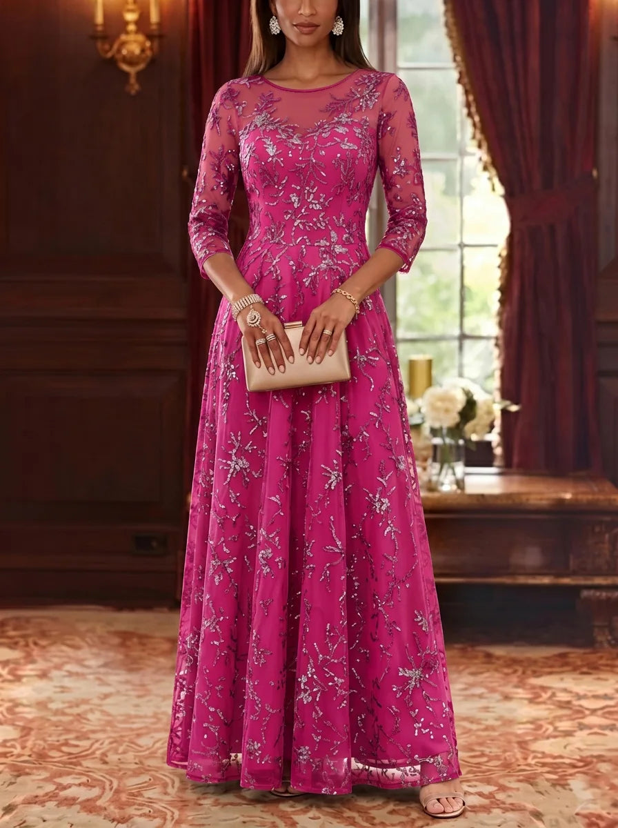Robe Mère de la Mariée, Forme A-Ligne/Princesse, Col Rond, Dentelle, Paillettes, Manches 3/4, Longueur au Sol