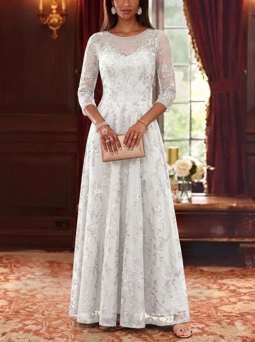 Robe Mère de la Mariée, Forme A-Ligne/Princesse, Col Rond, Dentelle, Paillettes, Manches 3/4, Longueur au Sol