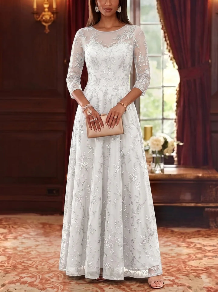 Robe Mère de la Mariée, Forme A-Ligne/Princesse, Col Rond, Dentelle, Paillettes, Manches 3/4, Longueur au Sol
