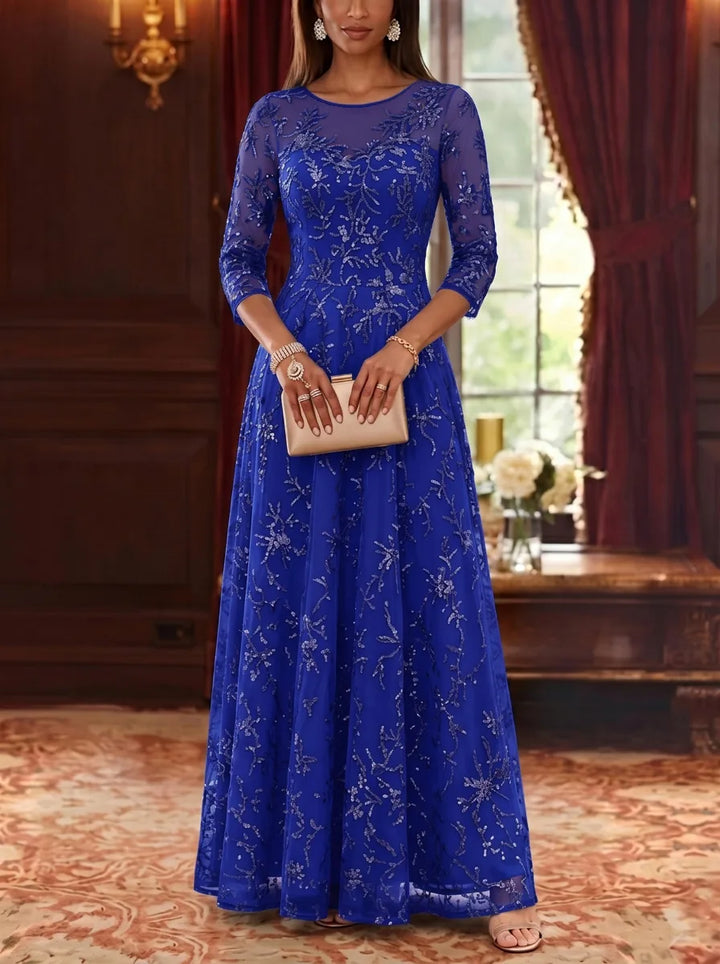 Robe Mère de la Mariée, Forme A-Ligne/Princesse, Col Rond, Dentelle, Paillettes, Manches 3/4, Longueur au Sol