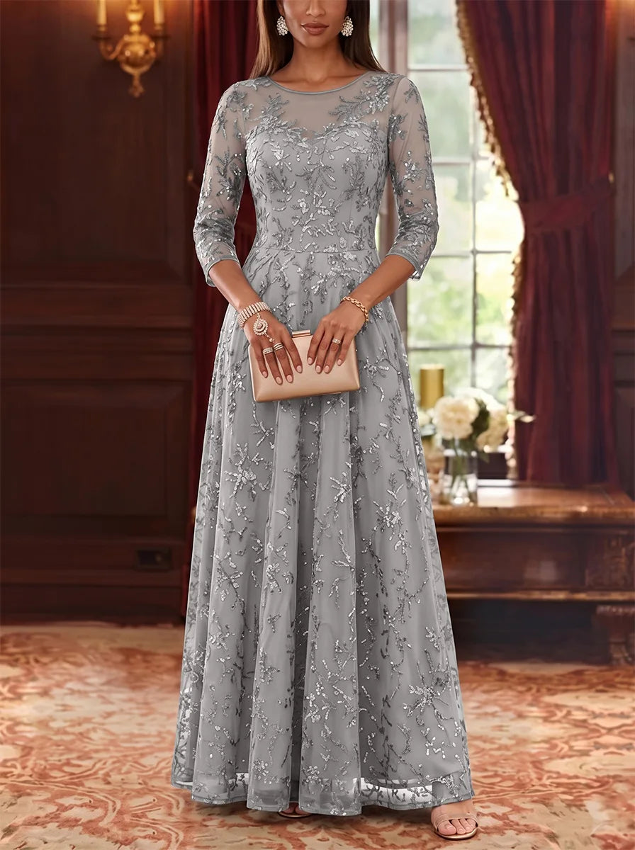 Robe Mère de la Mariée, Forme A-Ligne/Princesse, Col Rond, Dentelle, Paillettes, Manches 3/4, Longueur au Sol