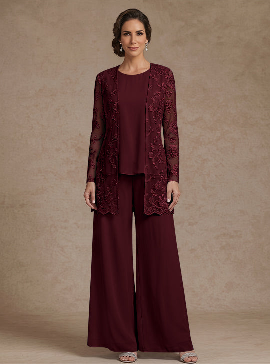 Ensemble 3 Morceaux en mousseline, Col Rond, Pantalon de mère de la mariée avec veste, Dentelle Florale, Longueur de la Cheville, Manches Longues