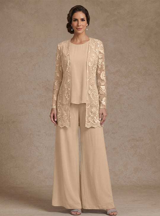 Ensemble 3 Morceaux en mousseline, Col Rond, Pantalon de mère de la mariée avec veste, Dentelle Florale, Longueur de la Cheville, Manches Longues