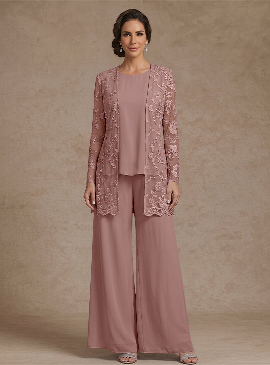 Ensemble 3 Morceaux en mousseline, Col Rond, Pantalon de mère de la mariée avec veste, Dentelle Florale, Longueur de la Cheville, Manches Longues