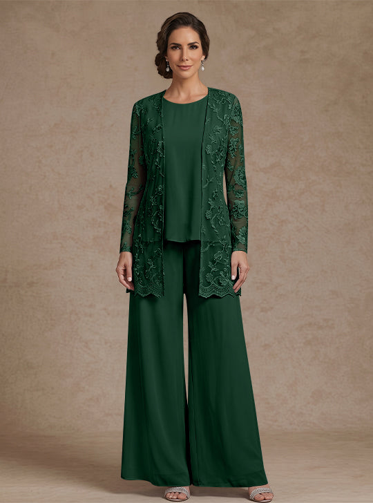 Ensemble 3 Morceaux en mousseline, Col Rond, Pantalon de mère de la mariée avec veste, Dentelle Florale, Longueur de la Cheville, Manches Longues