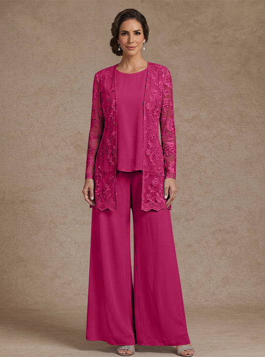 Ensemble 3 Morceaux en mousseline, Col Rond, Pantalon de mère de la mariée avec veste, Dentelle Florale, Longueur de la Cheville, Manches Longues