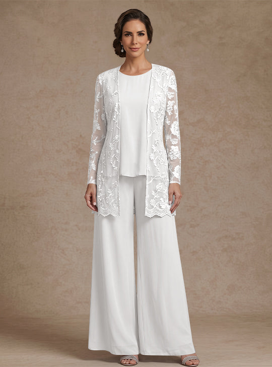Ensemble 3 Morceaux en mousseline, Col Rond, Pantalon de mère de la mariée avec veste, Dentelle Florale, Longueur de la Cheville, Manches Longues