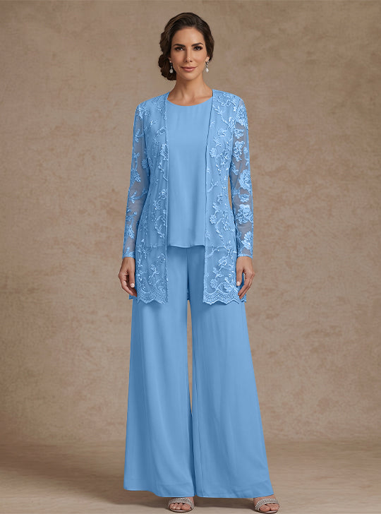 Ensemble 3 Morceaux en mousseline, Col Rond, Pantalon de mère de la mariée avec veste, Dentelle Florale, Longueur de la Cheville, Manches Longues