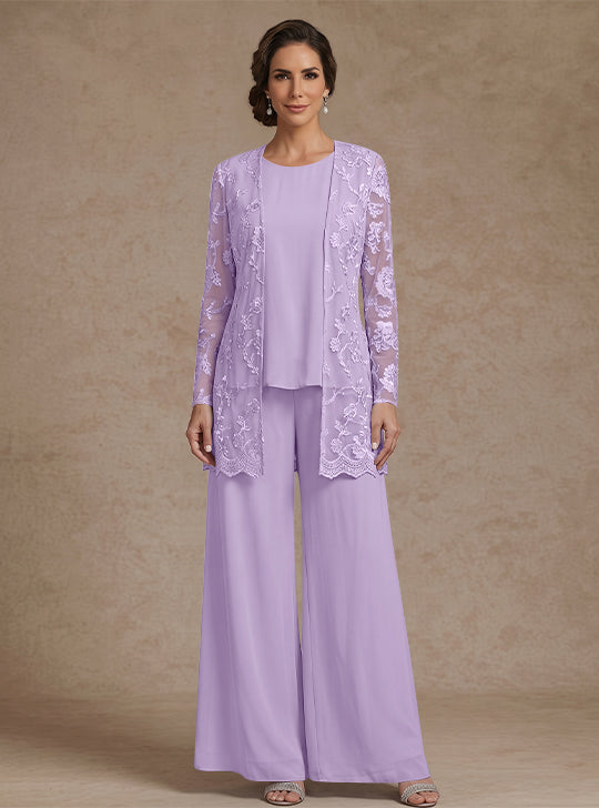 Ensemble 3 Morceaux en mousseline, Col Rond, Pantalon de mère de la mariée avec veste, Dentelle Florale, Longueur de la Cheville, Manches Longues