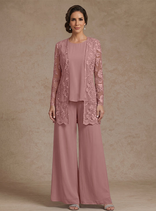 Ensemble 3 Morceaux en mousseline, Col Rond, Pantalon de mère de la mariée avec veste, Dentelle Florale, Longueur de la Cheville, Manches Longues