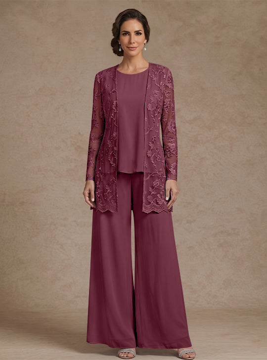 Ensemble 3 Morceaux en mousseline, Col Rond, Pantalon de mère de la mariée avec veste, Dentelle Florale, Longueur de la Cheville, Manches Longues